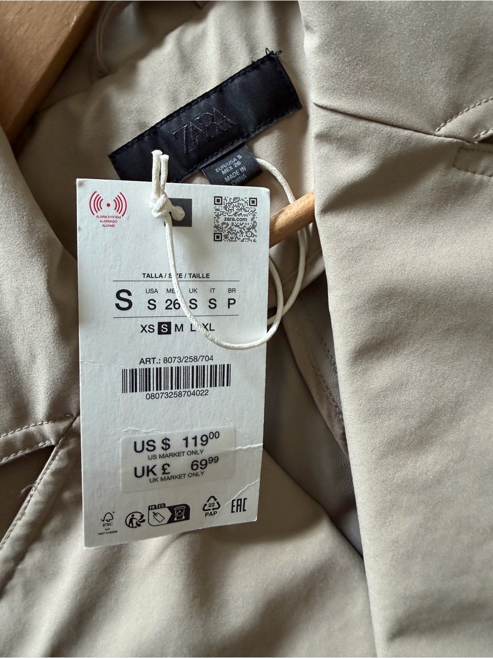 Zara, Long Belted Trench Coat, Size Small, Taupe Brown - Picture 8 of 9